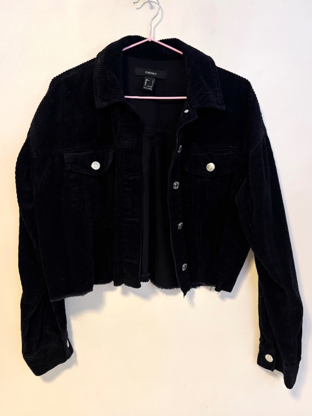 Forever 21 Button Up Collared Corduroy Crop Shirt Jacket Black Womens Size Small